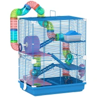 PawHut Jaula de Hámster con Túnel Plataformas Cuenco Bebedero Casita Rampas y Rueda de Ejercicio 46x30x58 cm Azul(m-1)