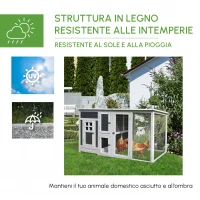 PawHut Pollaio per Galline Ovaiole da Esterno con Tetto Impermeabile e Zona di Corsa, Nidificazione in Legno, 160x75x80 cm, Grigio e Bianco(m-5)