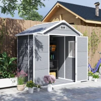Outsunny 6 x 5ft Garden Shed, Plastic Shed with Floor, Window, Lockable Doors and Vents, Wood Effect Resin Tool Shed for Outdoor Patio, Dark Grey(m-11)
