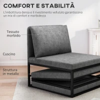 HOMCOM Poltrona Letto con Cuscino e Copertura Protettiva, in Tessuto Effetto Lino e Metallo, 66x70x74 cm, Grigio(m-6)