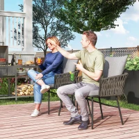 Outsunny 3-częściowy Zestaw Mebli Ogrodowych, 2 Krzesła, 1 Stół, Zestaw Bistro, Sztuczny Rattan, Rama Stalowa, Stół Metalowy, 4 Poduszki, Szary(m-2)