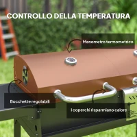 Outsunny Barbecue a Carbone e Gas con 3 Bruciatori e Coperchio, Termometro, Ruote e Ripiani, Nero(m-6)