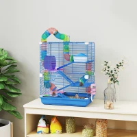 PawHut Jaula de Hámster con Túnel Plataformas Cuenco Bebedero Casita Rampas y Rueda de Ejercicio 46x30x58 cm Azul(m-2)