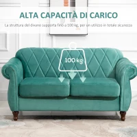 HOMCOM Divano 2 Posti Design Vintage Rétro in Legno e Velluto, 148 x 72 x 76 cm, Verde(m-4)