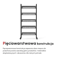 HOMCOM Wózek kuchenny z 5 koszami z drutu, 4 haczykami, 4 kołami, 2 uchwytami, stal/tworzywo sztuczne, 45x26,5x106 cm, Czarny(m-4)