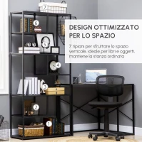 HOMCOM Mobile Libreria a 7 Livelli in Truciolato e Acciaio per Soggiorno, Camera da Letto e Ufficio, 83x34x180 cm, Nero(m-4)