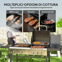 Outsunny Barbecue a Gas con Piastra e Fornello, Coperchio con Termometro e Ripiani, Regolatore e Tubo Inclusi, Nero(m-4)