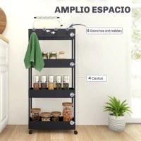HOMCOM Carro de Cocina de 4 Niveles Carrito Auxiliar con Ruedas 4 Cestas y 4 Ganchos Extraíbles para Salón 40x19x90 cm Negro(m-4)