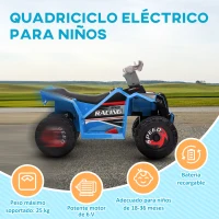 HOMCOM Quad Eléctrico para Niños de 18-36 Meses con Avance y Retroceso Velocidad de 2,5 km/h 70x41,5x48,5 cm Azul(m-6)
