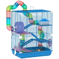 PawHut Jaula de Hámster con Túnel Plataformas Cuenco Bebedero Casita Rampas y Rueda de Ejercicio 46x30x58 cm Azul(m-10)