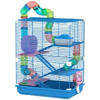 PawHut Jaula de Hámster con Túnel Plataformas Cuenco Bebedero Casita Rampas y Rueda de Ejercicio 46x30x58 cm Azul(m-11)