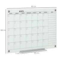 Vinsetto kalenderbord glasplaat met 4 glasclip markers gum aluminium pennenhouder magneetbord voor maandplanning magnetische weekplanner planbord wit 90 x 60 x 0,2 cm(m-3)