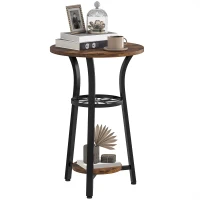 HOMCOM Small Round Side Table with 3 Storage Shelves - Rustic Brown(m-10)
