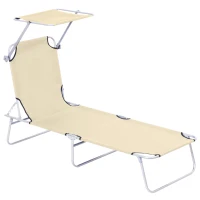 Outsunny Outdoor Foldable Sun Lounger, 4 Level Adjustable Backrest Reclining Sun Lounger Chair with Angle Adjust Sun Shade Awning for Beach, Garden, Patio, Beige(m-1)