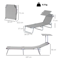 Outsunny Outdoor Foldable Sun Lounger, 4 Level Adjustable Backrest Reclining Sun Lounger Chair with Angle Adjust Sun Shade Awning for Beach, Garden, Patio, Light Grey(m-3)