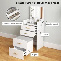 HOMCOM Tocador de Maquillaje con Taburete 3 en 1 con Espejo Cajones y Tablero de Vidrio Visible 48x40x90 cm Blanco(m-6)