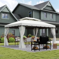 Outsunny Pérgola de Jardim 390x290 cm com Teto de Ventilação 4 Cortinas Laterais Tela Mosquiteira e 8 Orifícios de Drenagem Branco(m-2)