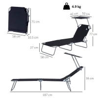 Outsunny Lettino Prendisole da Giardino Pieghevole e Regolabile con Tettuccio in Tessuto Nero, 187x58x50 cm(m-3)
