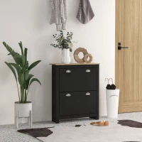 HOMCOM 2 Drawer Shoe Cabinet Modern Narrow Shoe Cupboard Hallway Wooden Storage Organiser with Flip Doors Adjustable Shelf for 12 Pairs, Black(m-2)