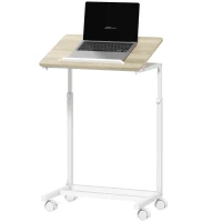 HOMCOM Table d'appoint avec roulettes en forme de C réglable en hauteur avec plateau inclinable, chêne et blanc(m-1)