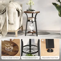 HOMCOM Small Round Side Table with 3 Storage Shelves - Rustic Brown(m-5)