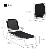 Outsunny Bain de Soleil Pliable - transat inclinable 4 Positions - Chaise Longue Grand Confort avec accoudoirs - métal époxy textilène - dim. 186L x 66l x 80H cm - Noir(m-3)