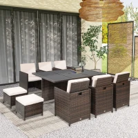 Outsunny 10 Seater Rattan Cube Garden Furniture Set with Parasol Hole, Rattan Dining Set with Cushions, Outdoor Dining Table and Chairs with Rectangular Glass Top Table for Patio, Mixed Brown(m-2)