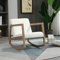 HOMCOM schommelstoel met houten frame, gestoffeerd, relaxstoel, fauteuil, woonkamerstoel, salon met gestoffeerde zitting, rubberhout, crème wit, 60 x 81 x 71 cm(m-2)