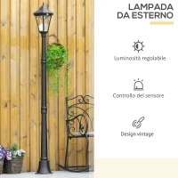 Outsunny Lampione Solare da Giardino con Luce LED e Sensore di Movimento, Alluminio e Vetro, 22x22x196 cm, Nero(m-6)