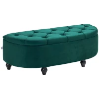 HOMCOM Pouf de Rangement Coffre 2 en 1 - Pouf capitonné Demi-Cercle - Pieds Bois hévéa Noir revêtement Velours vert(m-11)