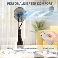 HOMCOM Ventilator mit Sprühnebel-Funktion, 75 Grad drehbar, 3 Geschwindigkeiten, 3 Modi, 3-Liter-Wassertank, Schwarz+Weiß(m-5)