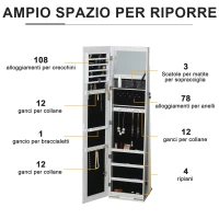 HOMCOM Specchio Portagioie a LED con 4 Scaffali e Spazi Portaoggetti, in Legno e Vetro, 15x15x61.75 cm, Bianco(m-5)