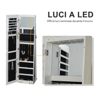 HOMCOM Specchio Portagioie a LED con 4 Scaffali e Spazi Portaoggetti, in Legno e Vetro, 15x15x61.75 cm, Bianco(m-4)