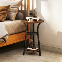 HOMCOM Small Round Side Table with 3 Storage Shelves - Rustic Brown(m-8)