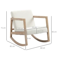 HOMCOM schommelstoel met houten frame, gestoffeerd, relaxstoel, fauteuil, woonkamerstoel, salon met gestoffeerde zitting, rubberhout, crème wit, 60 x 81 x 71 cm(m-3)