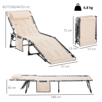 Outsunny Sonnenliege, Faltbare Gartenliege, Klappliege mit Kissen, 5-stufige Rückenlehne, Oxfordstoff, 188 x 57 x 30 cm, Beige(m-3)