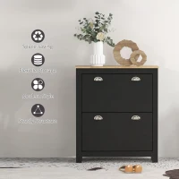 HOMCOM 2 Drawer Shoe Cabinet Modern Narrow Shoe Cupboard Hallway Wooden Storage Organiser with Flip Doors Adjustable Shelf for 12 Pairs, Black(m-7)