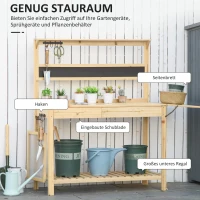 Outsunny Pflanztisch Gärtnertisch mit 8 Haken Schublade Ablage Blumentisch aus Holz für Garten Terrasse Natur 151 x 45,5 x 143 cm(m-4)