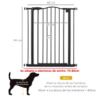 PawHut Barrera de Seguridad para Perros 74-80 cm con 2 Extensiones Montaje a Presión Doble Bloqueo para Puerta Escalera Negro(m-3)