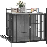 PawHut Dog Crate Furniture with Rotating Bowl Holder, 2 Bowls, 2 Doors, for Medium Dogs, 80 x 56 x 76.5 cm, Grey(m-10)