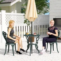 Outsunny Ensemble Salon de Jardin 2 Places 2 chaises + Table Ronde Style néo-rétro Motif Rose Lignes fuselées Fonte d'aluminium Vert Vieilli(m-2)