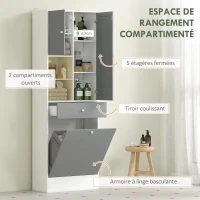 HOMCOM Meuble de salle de bain avec panier à linge et miroir étagère réglable 62 x 28,3 x 181 cm gris et blanc(m-4)