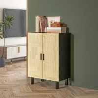 HOMCOM Buffet haut meuble de rangement design bohème double portes avec 3 étagères en cannage - 73 x 41 x 102 cm(m-9)