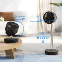 HOMCOM Ventilateur de bureau avec télécommande et batterie rechargeable, alimenté par USB, inclinaison et hauteur réglables, noir(m-4)