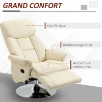 HOMCOM Fauteuil de relaxation inclinable pivotant repose-pied réglable, jusqu'à 150 kg, pour salon, chambre, home cinéma, crème(m-6)