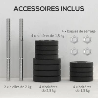 HOMCOM Ensemble d'haltères courtes total 25 kg dumbbell paires poids réglable - barres incluses acier polyuréthane noir(m-6)