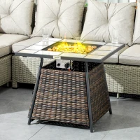 Outsunny Square Outdoor PE Rattan Fire Pit Table Gas Burner Heater w/ Control Panel, Slate Top, Lid and Lava Rocks, 50,000 BTU(m-2)