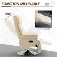 HOMCOM Fauteuil de relaxation inclinable pivotant repose-pied réglable, jusqu'à 150 kg, pour salon, chambre, home cinéma, crème(m-4)