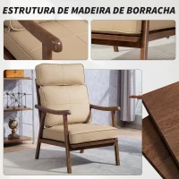 HOMCOM Poltrona de Sala de Estar Estofada em PU com Estrutura de Madeira Almofadas Acolchoadas Poltrona de Leitura 63,5x83x105 cm Caqui(m-7)