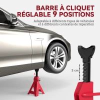 HOMCOM Lot de 2 chandelles voiture capacité 3 tonnes, hauteur réglable de 290 à 425 mm, goupille de sécurité, rouge(m-4)